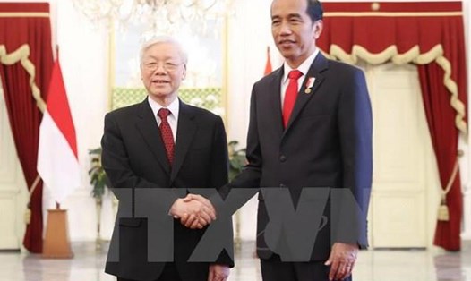 Tổng thống Indonesia Joko Widodo đón Tổng Bí thư Nguyễn Phú Trọng. (Ảnh: TTXVN)