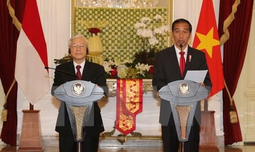Tổng Bí thư Nguyễn Phú Trọng và Tổng thống Indonesia Joko Widodo phát biểu với báo chí sau hội đàm. Ảnh: TTXVN