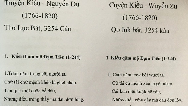 Một đoạn mở đầu trong Truyện Kiều bằng chữ cũ và "chữ Bùi Hiền". Ảnh: LDO