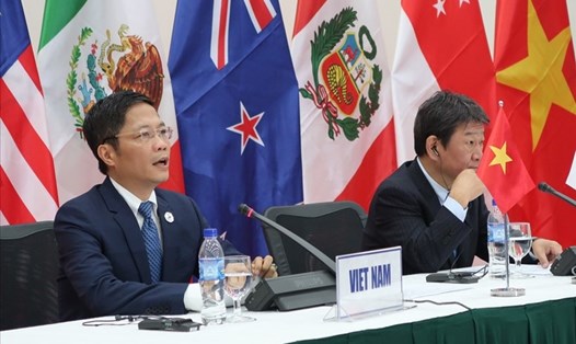 Bộ trưởng Công thương Trần Tuấn Anh và Bộ trưởng Tái thiết Kinh tế Nhật Bản Toshimitsu Motegi chủ trì họp báo về TPP ngày 11.11.2017. Ảnh: Vân Anh