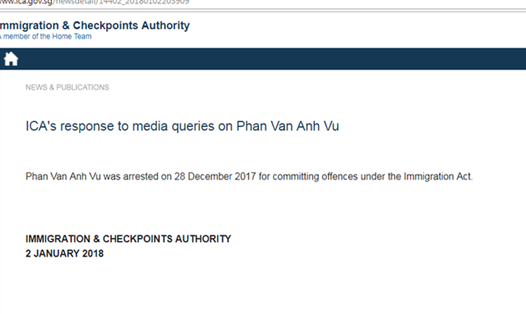 Website của Cơ quan Xuất nhập cảnh Singapore (ICA) xác nhận bắt một người tên là Phan Van Anh Vu. Ảnh chụp màn hình website của ICA.