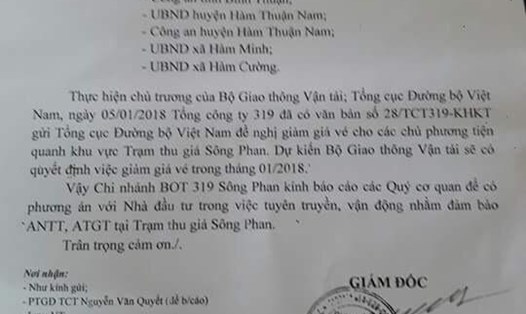 Văn bản xin giảm phí của chủ đầu tư BOT Sông Phan. 