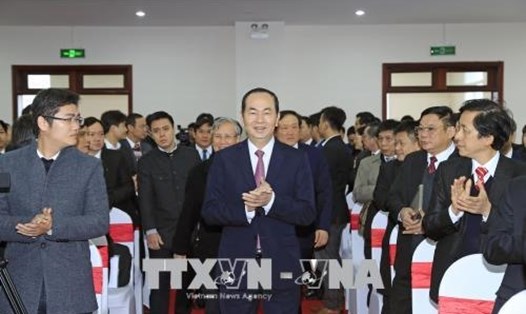 Chủ tịch nước Trần Đại Quang, Trưởng Ban Chỉ đạo cải cách Tư pháp Trung ương tới dự và phát biểu chỉ đạo Hội nghị tổng kết ngành Tòa án năm 2018. Ảnh: TTXVN