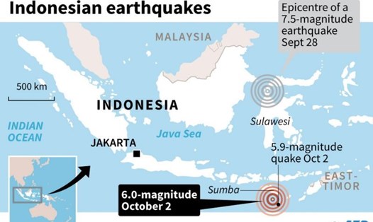Hai trận động đất liên tiếp xảy ra ở Sumba, Indonesia hôm 2.10. Ảnh: AFP. 