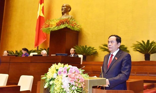 Chủ tịch Uỷ ban Trung ương MTTQ Việt Nam Trần Thanh Mẫn trình bày Báo cáo Tổng hợp ý kiến, kiến nghị của cử tri và nhân dân tại Quốc hội sáng nay 22.10. Ảnh: Q.V