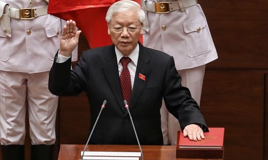 Chủ tịch Nước Nguyễn Phú Trọng tại lễ tuyên thệ. Ảnh: Q.V