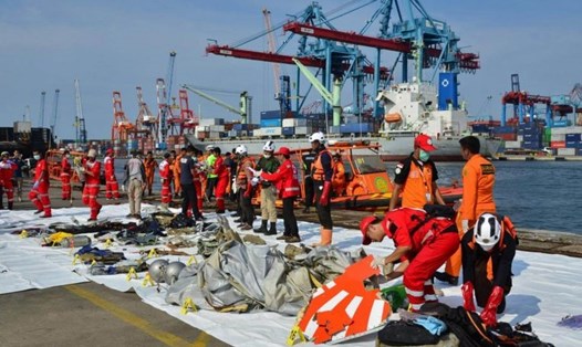 Các thành viên đội cứu hộ sắp xếp đống đổ nát từ máy bay Lion Air JT610 tại cảng Tanjung Priok ở Jakarta. Ảnh: Reuters. 
