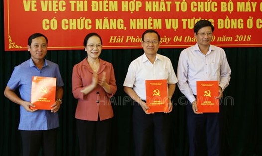 Bà Nguyễn Thị Nghĩa - Phó Bí thư thường trực Thành ủy Hải Phòng trao quyết định hợp nhất một số đơn vị cho 3 địa phương - ảnh CTV