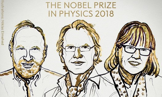 Ba nhà khoa học nhận giải Nobel Vật lý 2018 (từ trái qua): Arthur Ashkin, Gerald Mourou và Donna Strickland. Ảnh: Nobel Prize.  