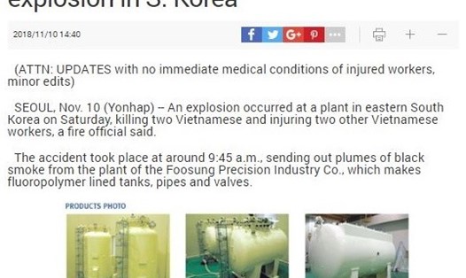 Tờ Yonhap của Hàn Quốc đưa tin về việc 2 công nhân Việt Nam thiệt mạng và 2 công nhân Việt Nam khác bị thương trong vụ nổ nhà máy ở Wonju. Ảnh chụp màn hình.