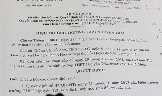 Quyết định thu hồi quyết định kỷ luật của trường THPT Nguyễn Trãi.