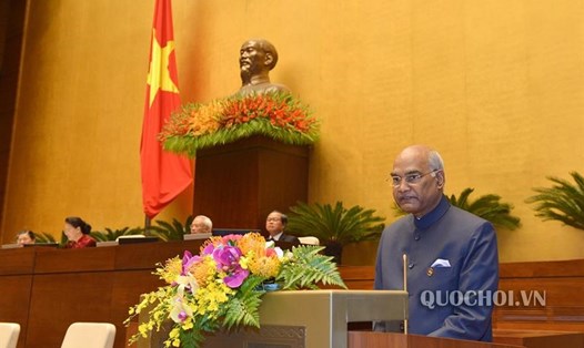 Tổng thống Ấn Độ Shri Ram Nath Kovind phát biểu trước Quốc hội Việt Nam sáng 20.11. Ảnh: Quochoi.vn