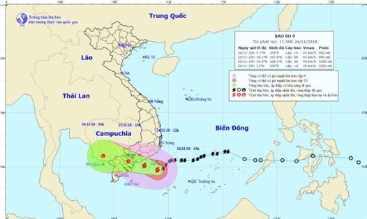 Đường đi của bão số 9 cập nhật đến trưa ngày 24.11. Ảnh: Trung tâm Dự báo khí tượng thủy văn Quốc gia.