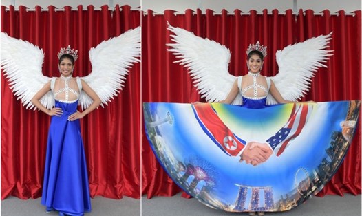 Trang phục Hoa hậu Singapore 2018 lấy cảm hứng từ thượng đỉnh Trump-Kim. Ảnh: ST. 