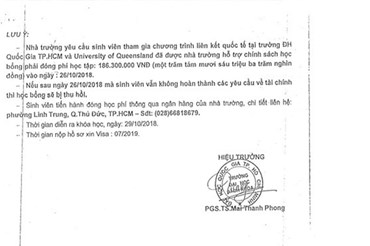 Văn bản giả mạo chữ ký Hiệu trưởng Mai Thanh Phong và con dấu của Đại học Bách khoa TP HCM. Ảnh: Đại học Bách khoa TP HCM.