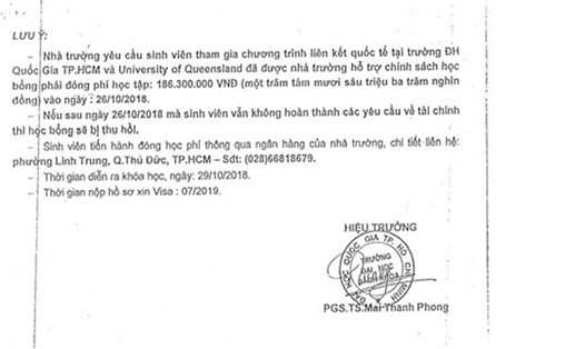 Văn bản giả mạo chữ ký Hiệu trưởng Mai Thanh Phong và con dấu của Đại học Bách khoa TP HCM. Ảnh: Đại học Bách khoa TP HCM.