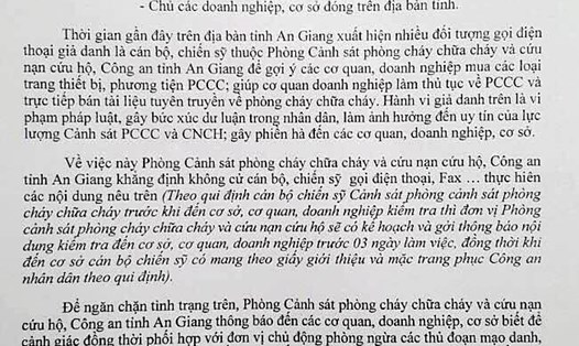 Văn bản cảnh báo của Phòng Cảnh sát PCCC- CNCH Công an An Giang. Ảnh: Lục Tùng