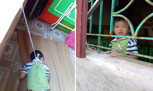 Bé trai 4 tuổi bị buộc dây, cột vào cửa sổ lớp học ở Nam Định. Ảnh cắt từ clip