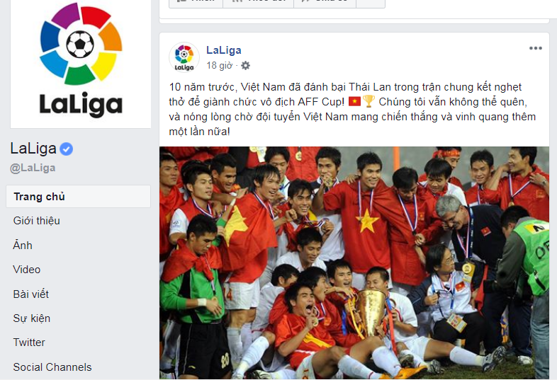 Bài viết kèm hình ảnh cổ vũ cho ĐT Việt Nam trong hành trình tại AFF Cup 2018 được đăng tải trên trang chủ giải VĐQG Tây Ban Nha (La Liga).