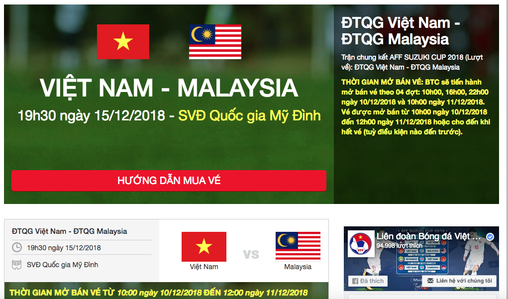 Hệ thống mở bán vé trận Việt Nam - Malaysia sẽ hoạt động từ 10h ngày 10.12.