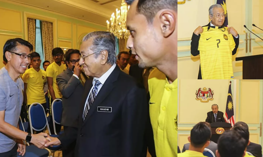 Thủ tướng Mahathir Mohamad động viên huấn luyện viên và đội tuyển Malaysia trước trận chung kết lượt về với Việt Nam. Ảnh: Fox Sports Asia.