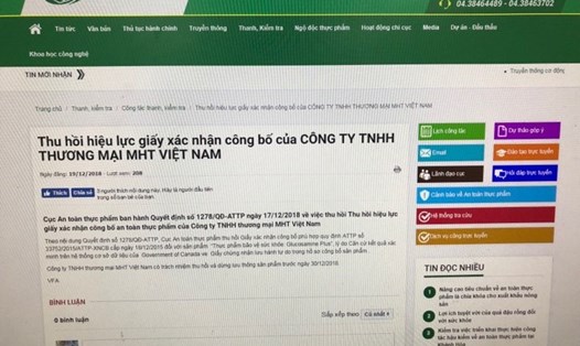 Cục An toàn thực phẩm thu hồi hiệu lực giấy xác nhận công bố của Cty TNHH thương mại MHT Việt Nam.