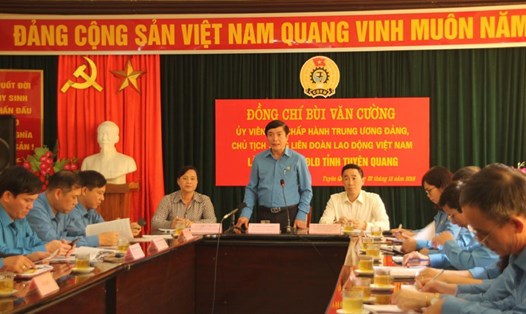 Chủ tịch Tổng LĐLĐVN Bùi Văn Cường phát biểu chỉ đạo tại buổi làm việc với LĐLĐ tỉnh Tuyên Quang. Ảnh: V.L
