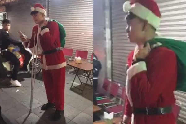 Xuân Mạnh đi phát quà Giáng sinh cho người vô gia cư.