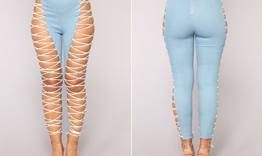 Chiếc quần của thương hiệu thời trang Fashion Nova có phom dáng kỳ lạ đã tạo ra luồng tranh cãi dữ dội. Mặt trước chỉ có mảnh jeans nhỏ, cùng sợi dây trắng đan xen phơi bày hết đôi chân trần của người mặc.