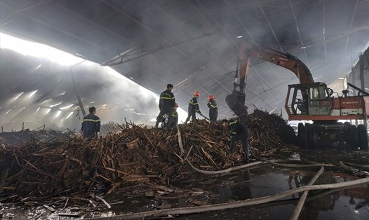 Khoảng 3.000 m2 nhà xưởng chứa củi, dăm gỗ và hơn 100 tấn viên nén thành phẩm chuẩn bị giao cho khách hàng đã bị cháy.