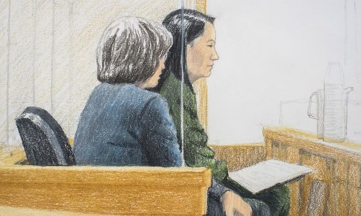 Phác thảo của AP trong phòng xử tại tòa án tối cao British Columbia ở Vancouver, Canada ngày 7.12. Bà Mạnh Vạn Châu (bên phải) - giám đốc tài chính của Huawei ngồi cạnh một phiên dịch. Ảnh: AP. 