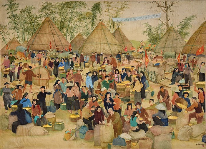 Tác phẩm “Góp thóc vào kho” của họa sĩ Tạ Thúc Bình.