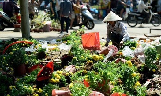 Chiều 30 tết năm ngoái, nhiều tiểu thương bán hoa ở Công viên Gia Định (quận Phú Nhuận) đập bỏ nhiều chậu hoa vì bị người mua "ép giá". Ảnh: Zing