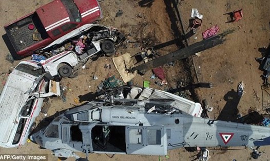 Hiện trường vụ trực thăng chở Bộ trưởng Mexico đi khảo sát động đất nhìn từ trên cao. Ảnh: Getty. 