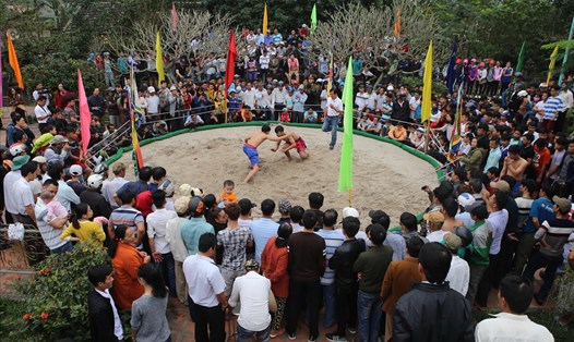 Ngay từ sáng sớm, hàng nghìn người dân và du khách đã có mặt tại đình làng Thủ Lễ để xem đấu vật. Ảnh: NĐT