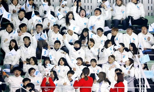 Khán giả cầm lá cờ thống nhất trong buổi thi đấu thử khúc côn cầu trên băng giữa đội tuyển chung Hàn-Triều với Thụy Điển. Ảnh: Kyodo