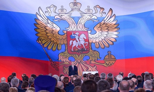 Tổng thống Nga Vladimir Putin có bài phát biểu kéo dài gần 2 giờ. Ảnh: Tass. 