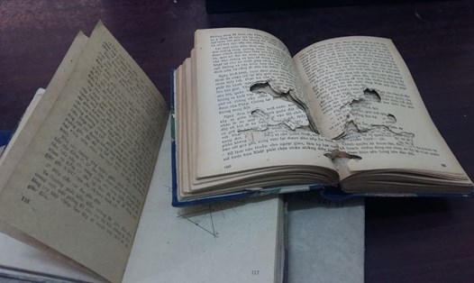 Theo lãnh đạo Thư viện Uông Bí, số sách được tiêu hủy năm 2014 trong tình trạng hư hại còn hơn cuốn sách này-hiện đang được lưu giữ tại thư viện. Ảnh: Nguyễn Hùng