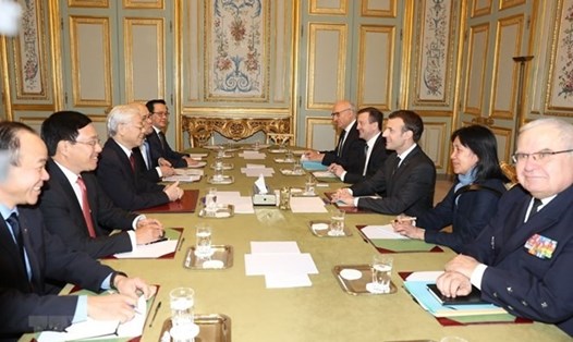 Tổng Bí thư Nguyễn Phú Trọng hội đàm với Tổng thống Cộng hòa Pháp Emmanuel Macron. Ảnh: TTXVN. 