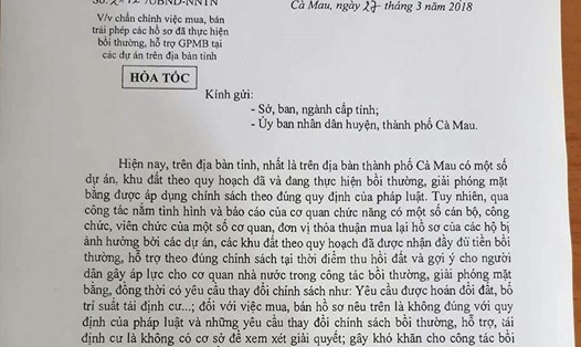 Công văn "hỏa tốc" của Chủ tịch UBND tỉnh Cà Mau chấn chỉnh việc mua hồ sơ giải tỏa bồi hoàn rồi "yêu sách" đòi tăng giá. Ảnh: Nhật Hồ.
