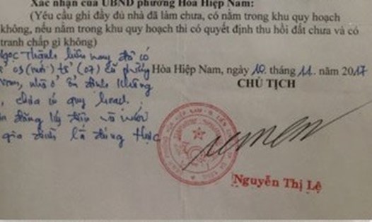 Chữ kỹ của bà Nguyễn Thị Lệ- Chủ tịch UBND phường Hòa Hiệp Nam đã bị làm giả.