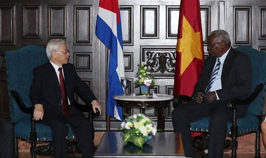 Tổng Bí thư Nguyễn Phú Trọng hội kiến với Chủ tịch Quốc hội Cuba Esteban Lazo Henández. Ảnh: TTXVN