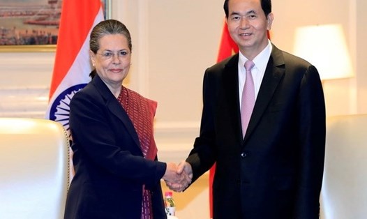 Chủ tịch Nước Trần Đại Quang tiếp Nguyên Chủ tịch đảng Quốc đại Sonia Gandi. Ảnh: TTXVN.