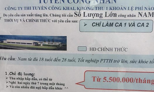 Một tờ rơi quảng cáo tuyển dụng lao động tại KCN Thăng Long (Hà Nội) trong đó nêu rõ tuyển dụng lớn lượng công nhân nam (không tuyển nữ). Ảnh: NGUYỄN NGA