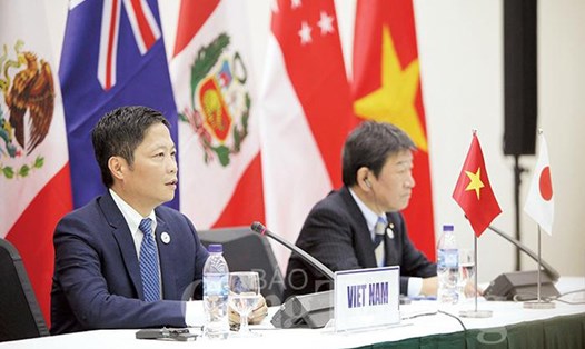 Bộ trưởng Bộ Công thương Trần Tuấn Anh và ông Toshimitsu Motegi - Bộ trưởng Tái thiết kinh tế Nhật Bản - tại buổi họp báo về TPP (tháng11.2017)