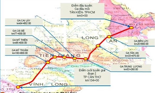 Sơ đồ hướng tuyến đường sắt TP HCM - Cần Thơ trước đây. Ảnh: PV 

