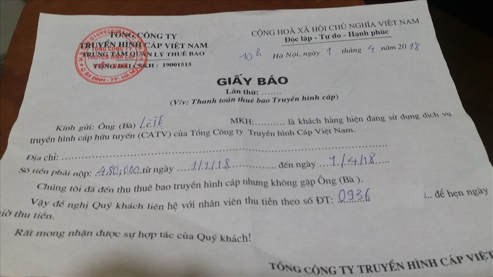 Ngày 1.4, hóa đơn vẫn gửi nhưng không có lời giải thích nào của VTVCab