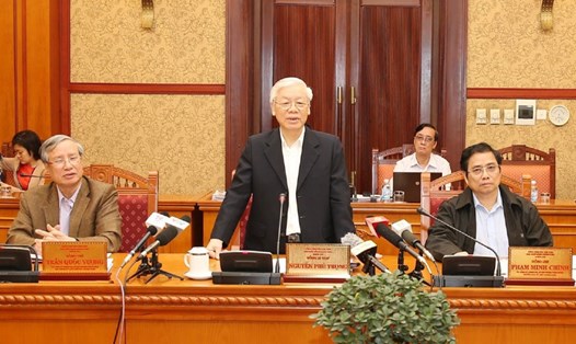 Tổng Bí thư Nguyễn Phú Trọng phát biểu tại cuộc họp Ban Bí thư T.Ư Đảng sáng 10.4. Ảnh: TTXVN