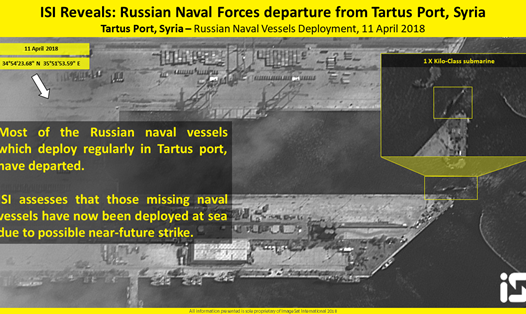 Ảnh vệ tinh ngày 11.4 cho thấy hầu hết tàu hải quân Nga đã rời khỏi cảng Tartus. Ảnh: ImageSat International