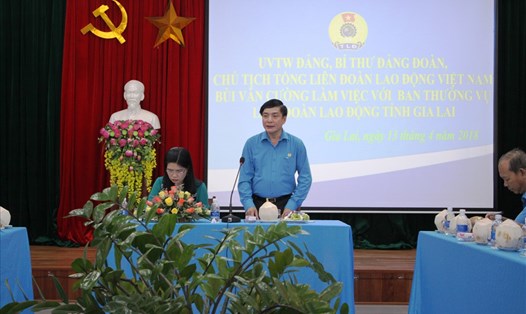 Chủ tịch LĐLĐ Gia Lai làm việc với Ban Thường vụ LĐLĐ Gia Lai. Ảnh Đình Văn.